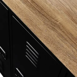 Meuble de bar buffet ESTER 3 portes en métal noir plateau façon hêtre