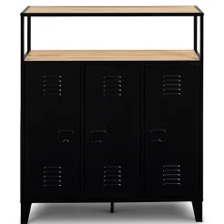 Meuble de bar buffet ESTER 3 portes en métal noir plateau façon hêtre