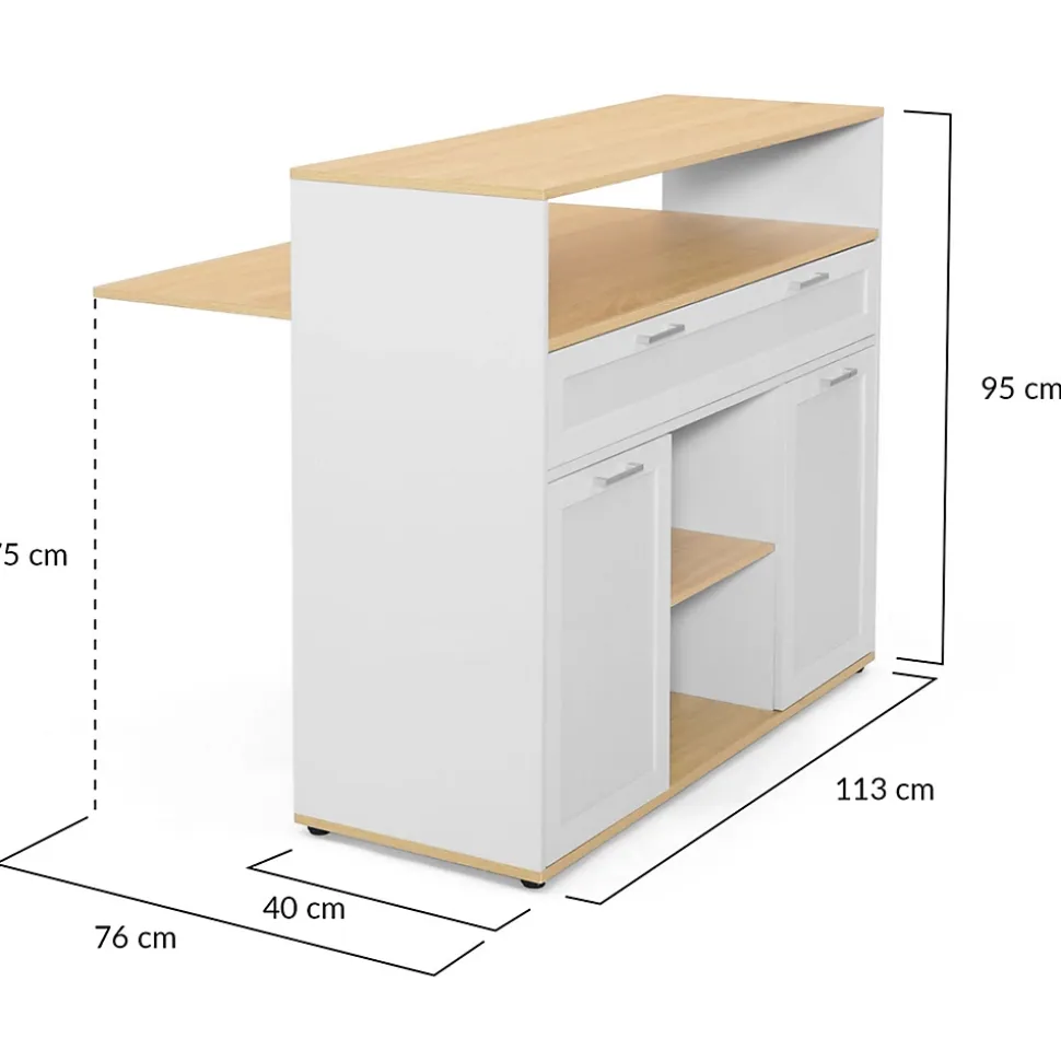 Meuble de bar extensible en table à manger 2 personnes VITO blanc et plateau bois