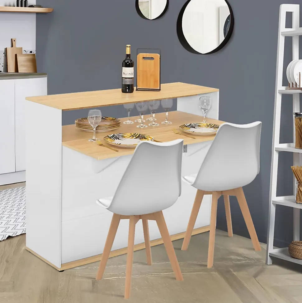 Meuble de bar extensible en table à manger 2 personnes VITO blanc et plateau bois