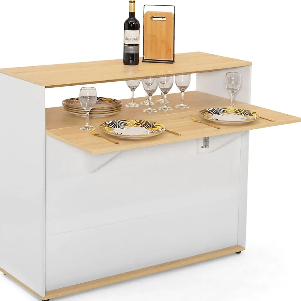 Meuble de bar extensible en table à manger 2 personnes VITO blanc et plateau bois