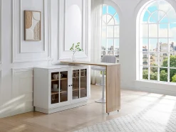 Meuble de bar pivotant avec rangements - Blanc et naturel - ARAMETA