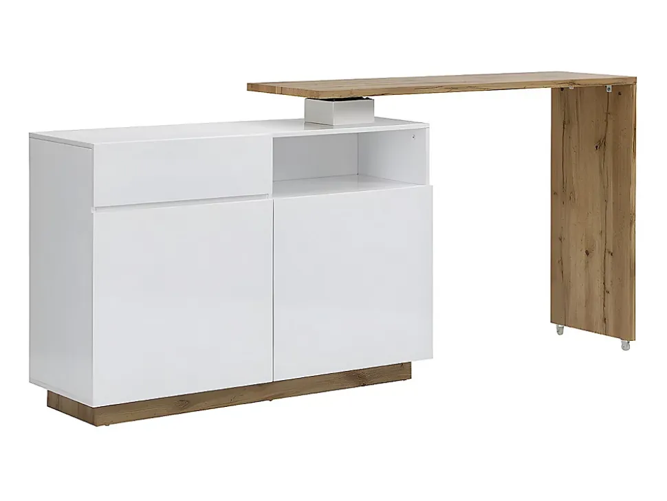 Meuble de bar pivotant avec 2 portes, 1 tiroir et 1 niche en MDF - Blanc laqué et Naturel - ELDIR