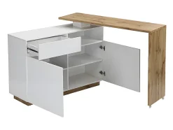 Meuble de bar pivotant avec 2 portes, 1 tiroir et 1 niche en MDF - Blanc laqué et Naturel - ELDIR