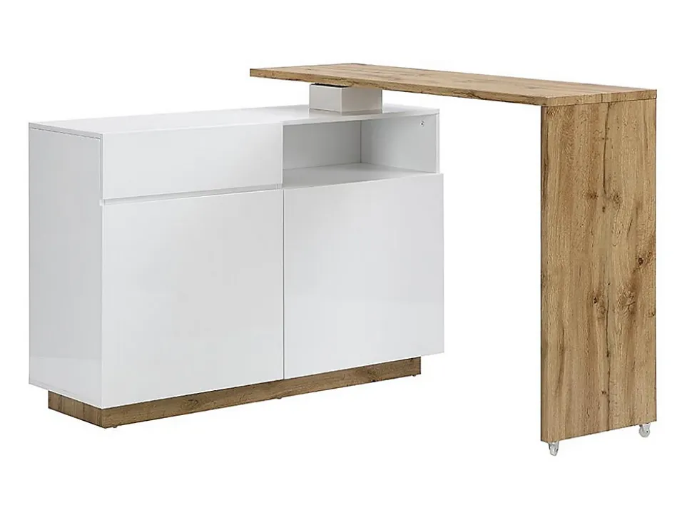 Meuble de bar pivotant avec 2 portes, 1 tiroir et 1 niche en MDF - Blanc laqué et Naturel - ELDIR
