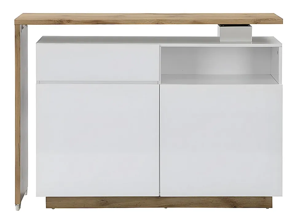 Meuble de bar pivotant avec 2 portes, 1 tiroir et 1 niche en MDF - Blanc laqué et Naturel - ELDIR