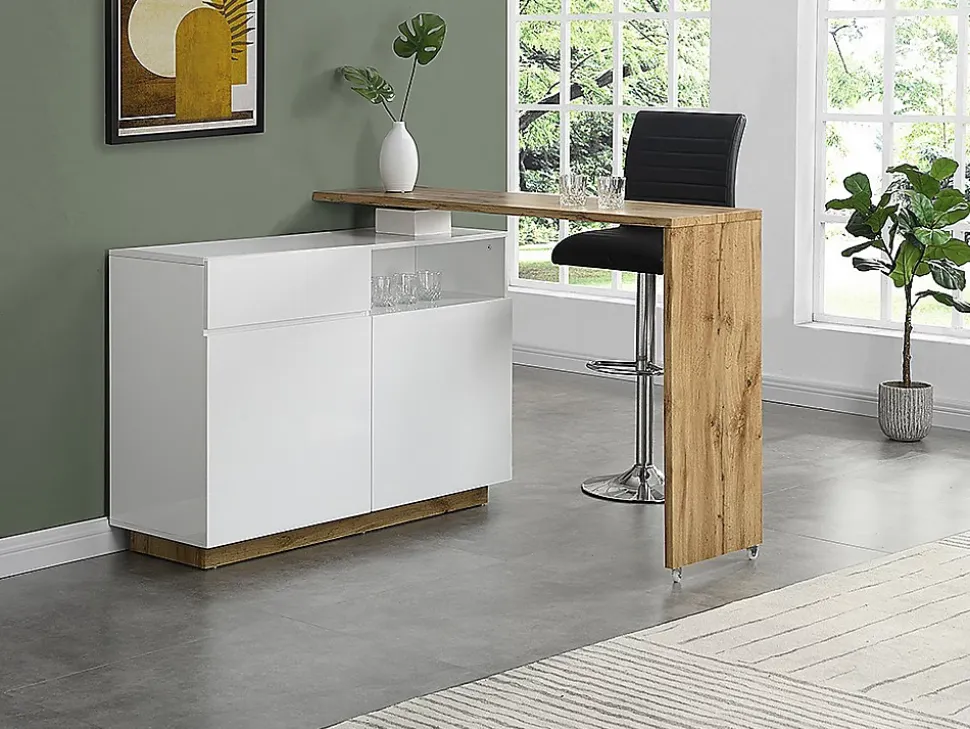 Meuble de bar pivotant avec 2 portes, 1 tiroir et 1 niche en MDF - Blanc laqué et Naturel - ELDIR
