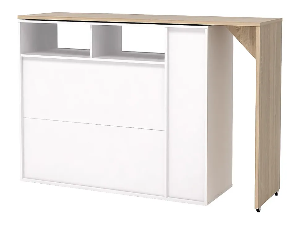 Meuble de bar pivotant avec rangements - Blanc et Naturel - VINALO