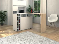 Meuble de bar pivotant avec rangements - Blanc et Naturel - VINALO