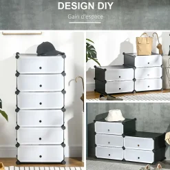 Meuble de rangement à chaussures modulable 6 casiers rectangulaires empilables - noir et blanc