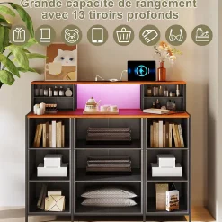Meuble de Rangement 13 Espaces, Coiffeuse et Armoire avec LED RGB et Ports USB, Design Vintage, Multi-usage pour Chambre ou Salon