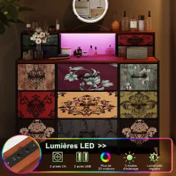 Meuble de Rangement 13 Espaces, Coiffeuse et Armoire avec LED RGB et Ports USB, Design Vintage, Multi-usage pour Chambre ou Salon