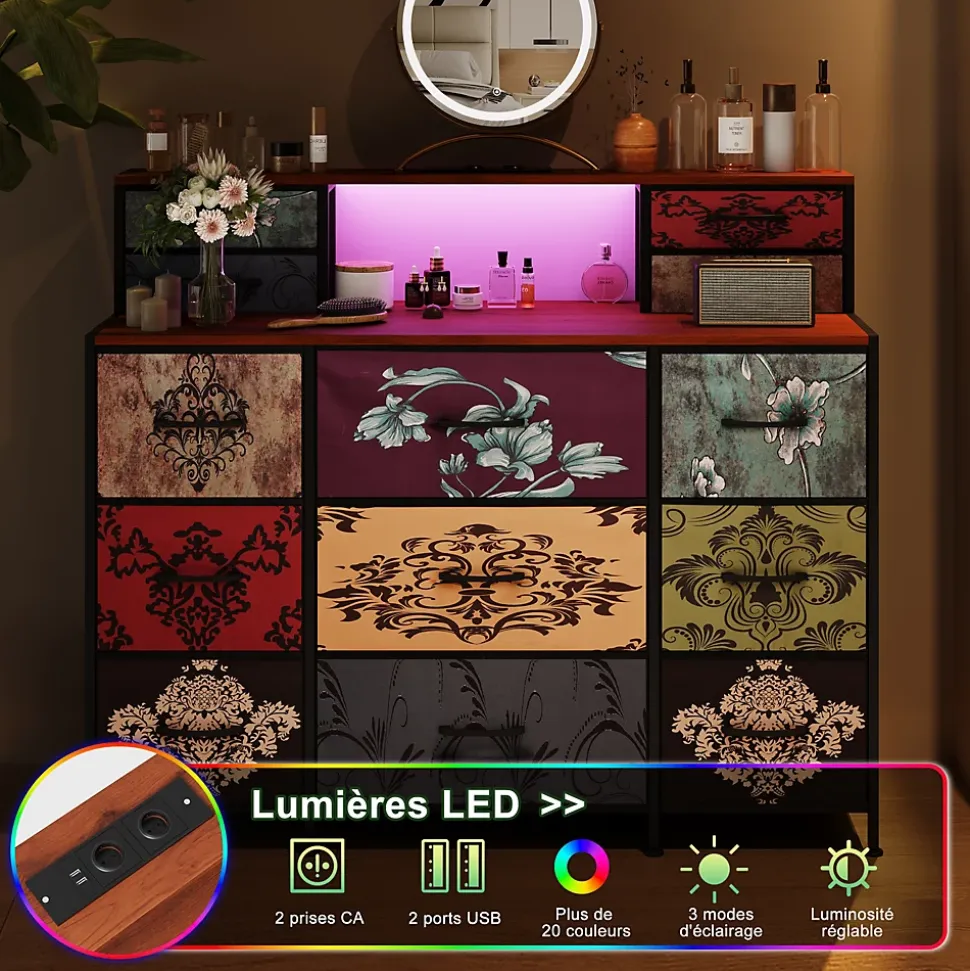 Meuble de Rangement 13 Espaces, Coiffeuse et Armoire avec LED RGB et Ports USB, Design Vintage, Multi-usage pour Chambre ou Salon