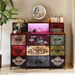 Meuble de Rangement 13 Espaces, Coiffeuse et Armoire avec LED RGB et Ports USB, Design Vintage, Multi-usage pour Chambre ou Salon