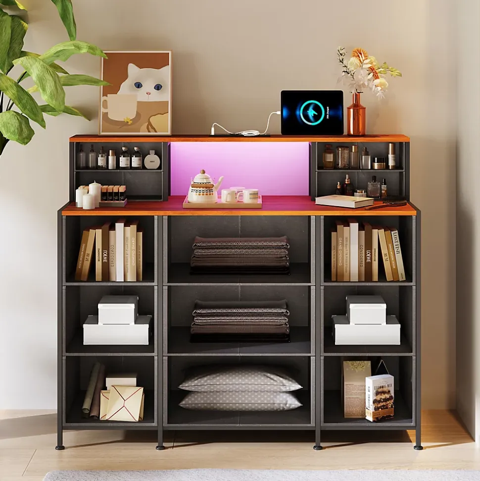 Meuble de Rangement 13 Espaces, Coiffeuse et Armoire avec LED RGB et Ports USB, Design Vintage, Multi-usage pour Chambre ou Salon