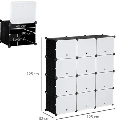 Meuble de rangement - meuble à chaussures modulable 12 casiers avec portes et étagères - dim. 125L x 32l x 125H cm - PP noir blanc