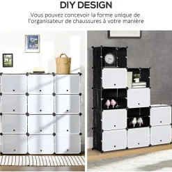 Meuble de rangement - meuble à chaussures modulable 12 casiers avec portes et étagères - dim. 125L x 32l x 125H cm - PP noir blanc