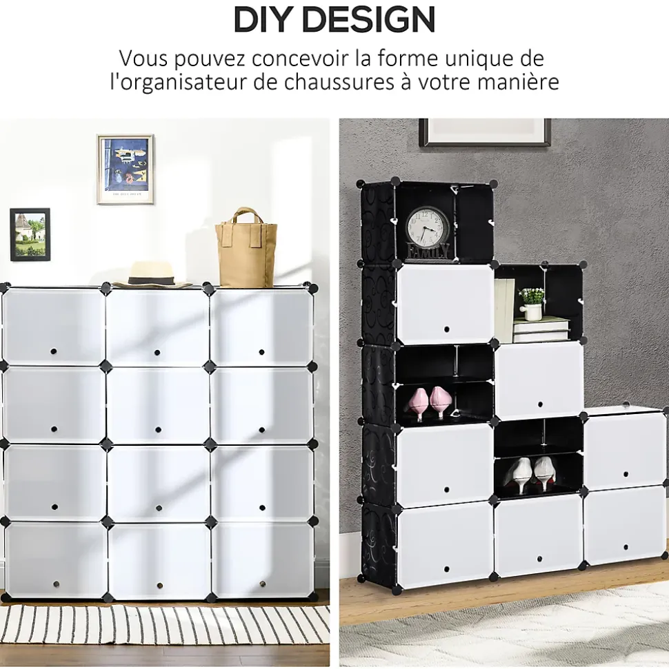 Meuble de rangement - meuble à chaussures modulable 12 casiers avec portes et étagères - dim. 125L x 32l x 125H cm - PP noir blanc