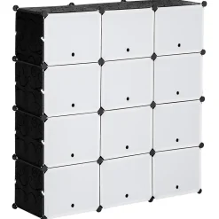 Meuble de rangement - meuble à chaussures modulable 12 casiers avec portes et étagères - dim. 125L x 32l x 125H cm - PP noir blanc