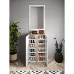 Meuble de rangement 2 portes 5 étagères réglables, collection KEY, coloris blanc laqué brillant et chene cadiz