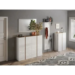 Meuble de rangement 2 portes 5 étagères réglables, collection KEY, coloris blanc laqué brillant et chene cadiz
