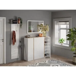 Meuble de rangement 4 portes 10 étagères réglables, collection KEY, coloris blanc laqué brillant et chene cadiz