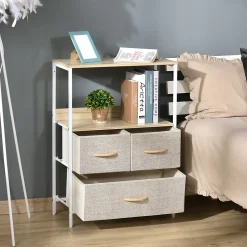 Meuble de rangement commode 3 tiroirs étagère plateau acier blanc MDF bois clair non tissé gris clair