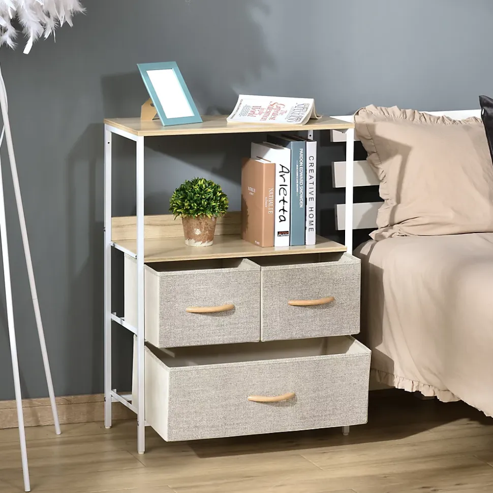 Meuble de rangement commode 3 tiroirs étagère plateau acier blanc MDF bois clair non tissé gris clair