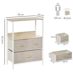 Meuble de rangement commode 3 tiroirs étagère plateau acier blanc MDF bois clair non tissé gris clair