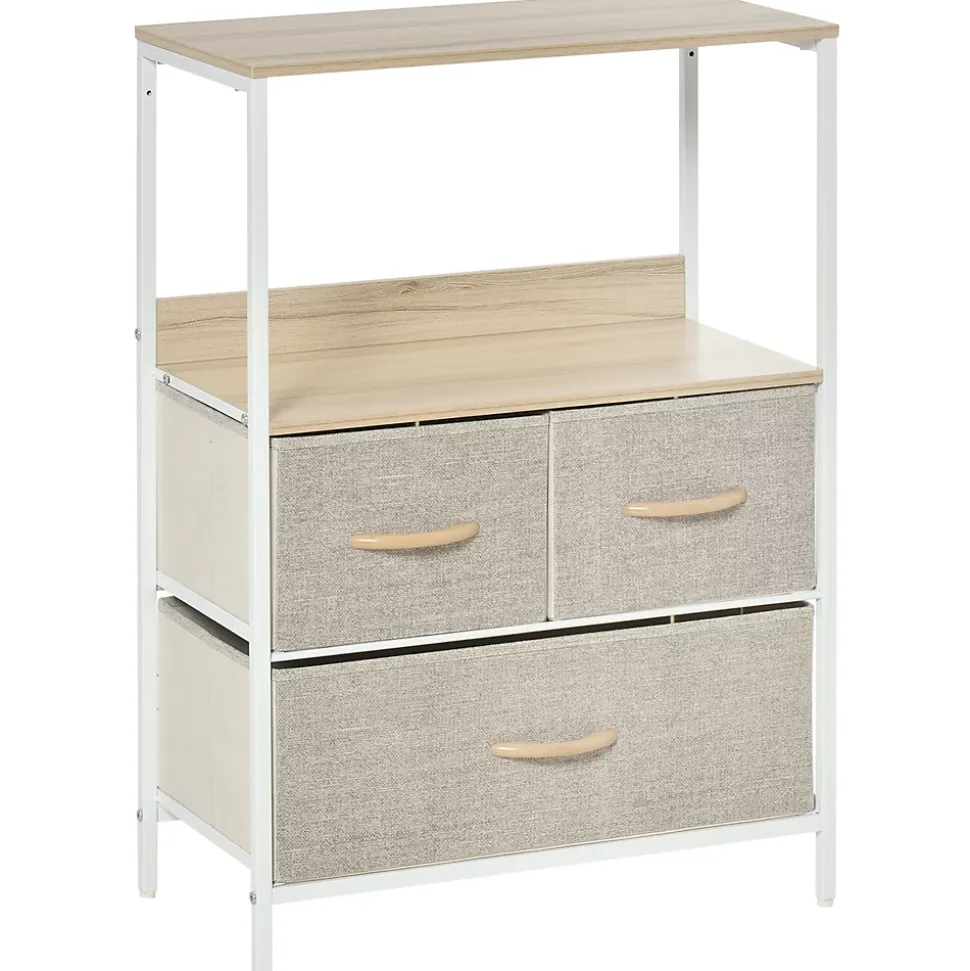 Meuble de rangement commode 3 tiroirs étagère plateau acier blanc MDF bois clair non tissé gris clair