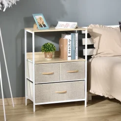 Meuble de rangement commode 3 tiroirs étagère plateau acier blanc MDF bois clair non tissé gris clair