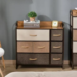 Meuble de rangement commode 7 tiroirs plateau MDF aspect bois acier non tissé marron beige