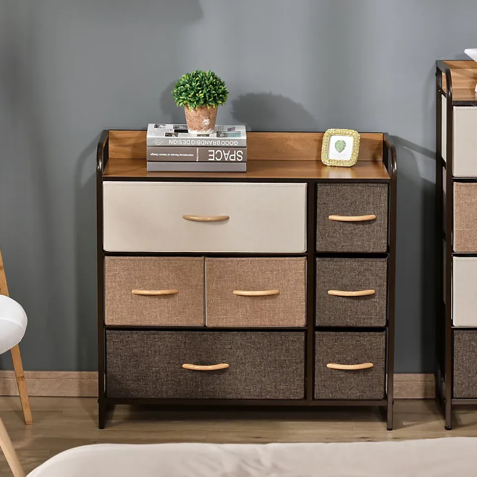 Meuble de rangement commode 7 tiroirs plateau MDF aspect bois acier non tissé marron beige