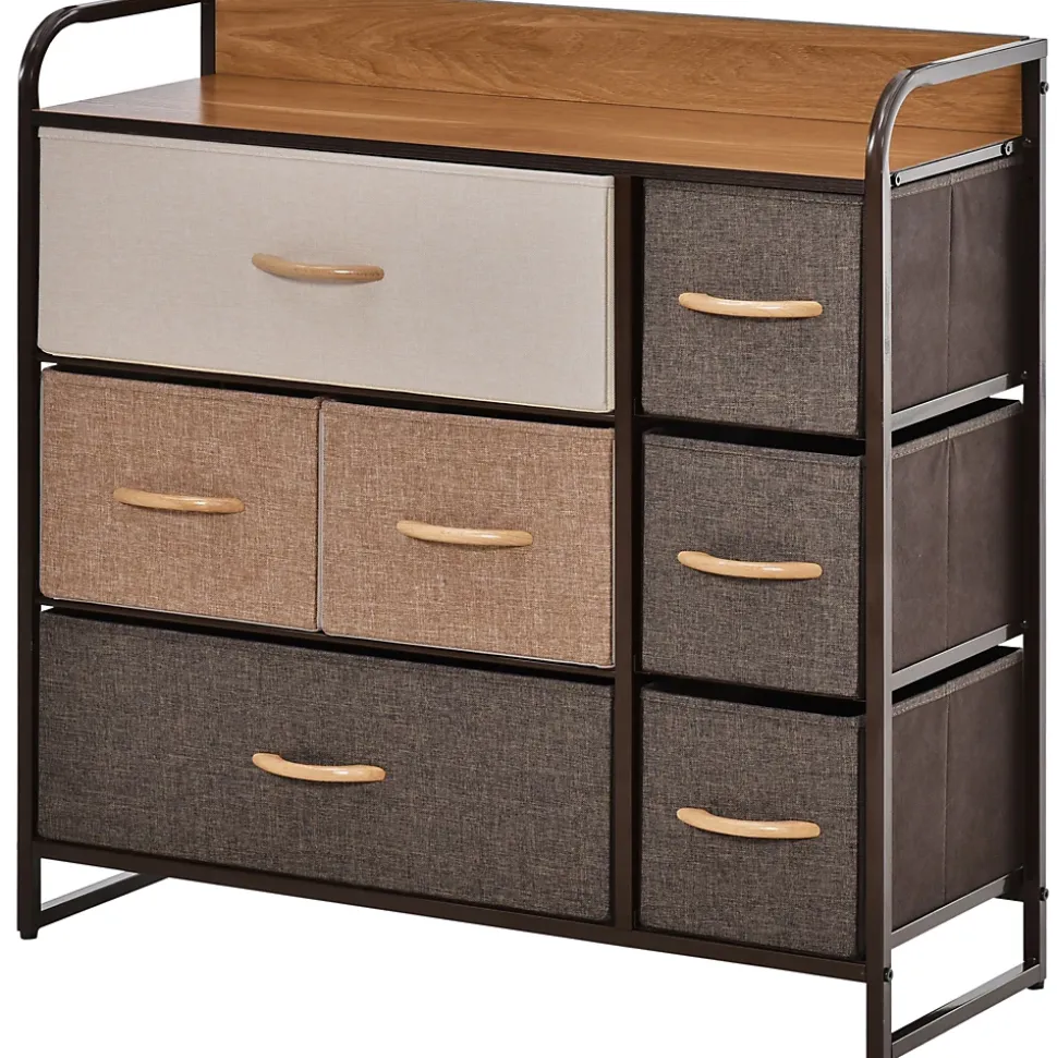 Meuble de rangement commode 7 tiroirs plateau MDF aspect bois acier non tissé marron beige