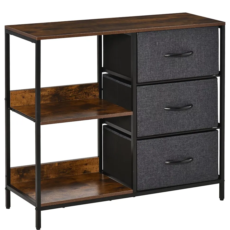 Meuble de rangement commode design - 3 tiroirs, 2 étagères - métal MDF non tissé anthracite