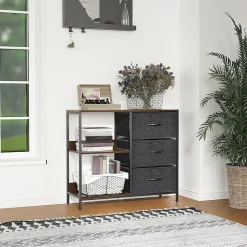 Meuble de rangement commode design - 3 tiroirs, 2 étagères - métal MDF non tissé anthracite