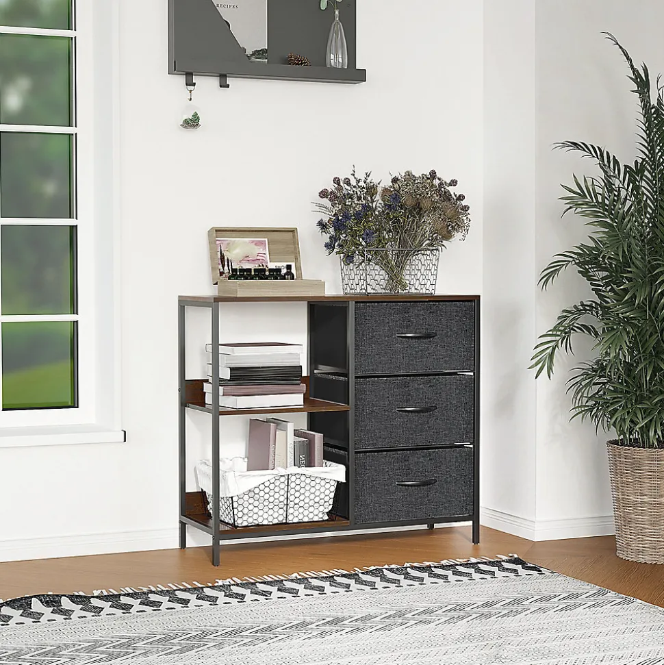 Meuble de rangement commode design - 3 tiroirs, 2 étagères - métal MDF non tissé anthracite