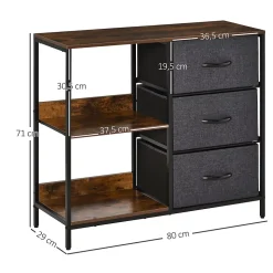 Meuble de rangement commode design - 3 tiroirs, 2 étagères - métal MDF non tissé anthracite