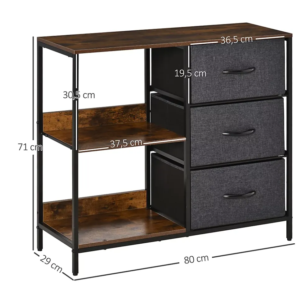 Meuble de rangement commode design - 3 tiroirs, 2 étagères - métal MDF non tissé anthracite