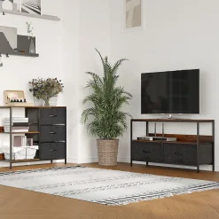 Meuble de rangement commode design - 3 tiroirs, 2 étagères - métal MDF non tissé anthracite