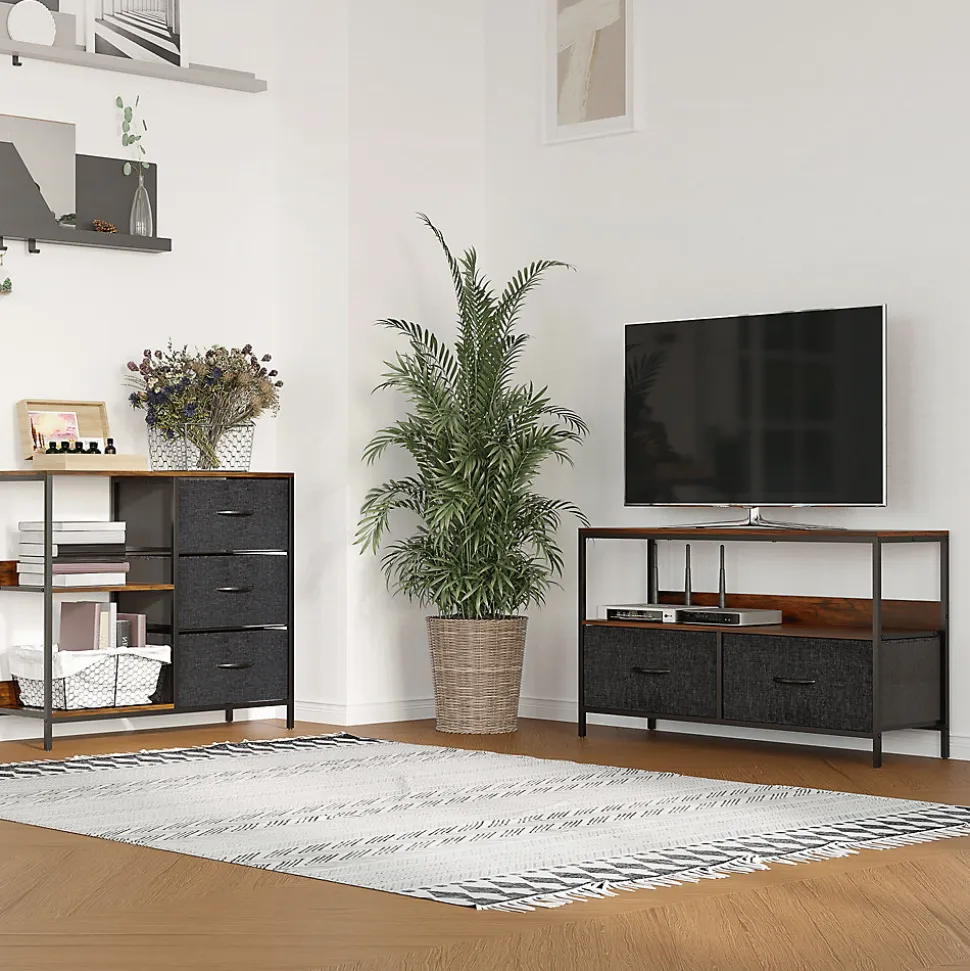 Meuble de rangement commode design - 3 tiroirs, 2 étagères - métal MDF non tissé anthracite