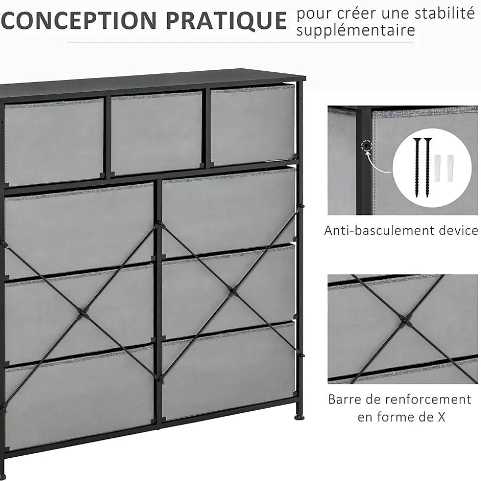 Meuble de rangement commode 9 tiroirs plateau acier MDF non tissé noir gris