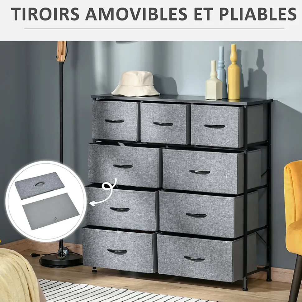 Meuble de rangement commode 9 tiroirs plateau acier MDF non tissé noir gris