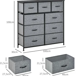 Meuble de rangement commode 9 tiroirs plateau acier MDF non tissé noir gris