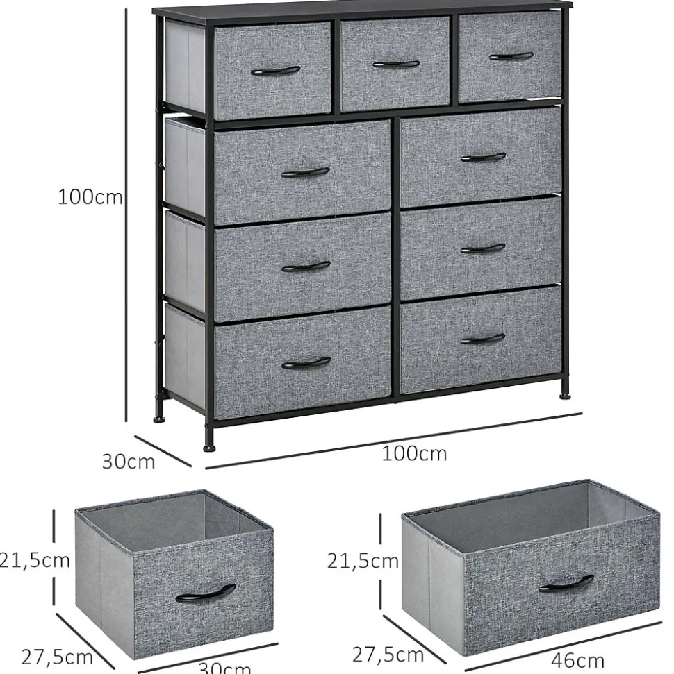 Meuble de rangement commode 9 tiroirs plateau acier MDF non tissé noir gris