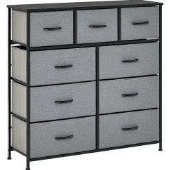 Meuble de rangement commode 9 tiroirs plateau acier MDF non tissé noir gris