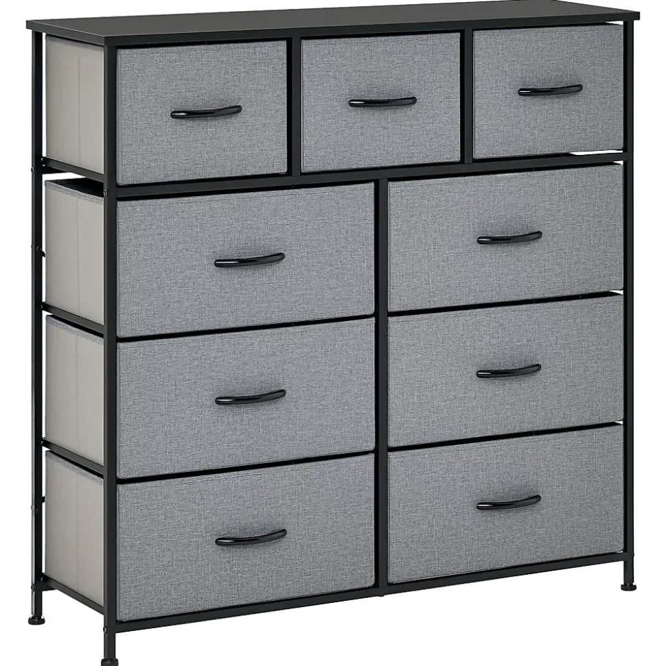 Meuble de rangement commode 9 tiroirs plateau acier MDF non tissé noir gris