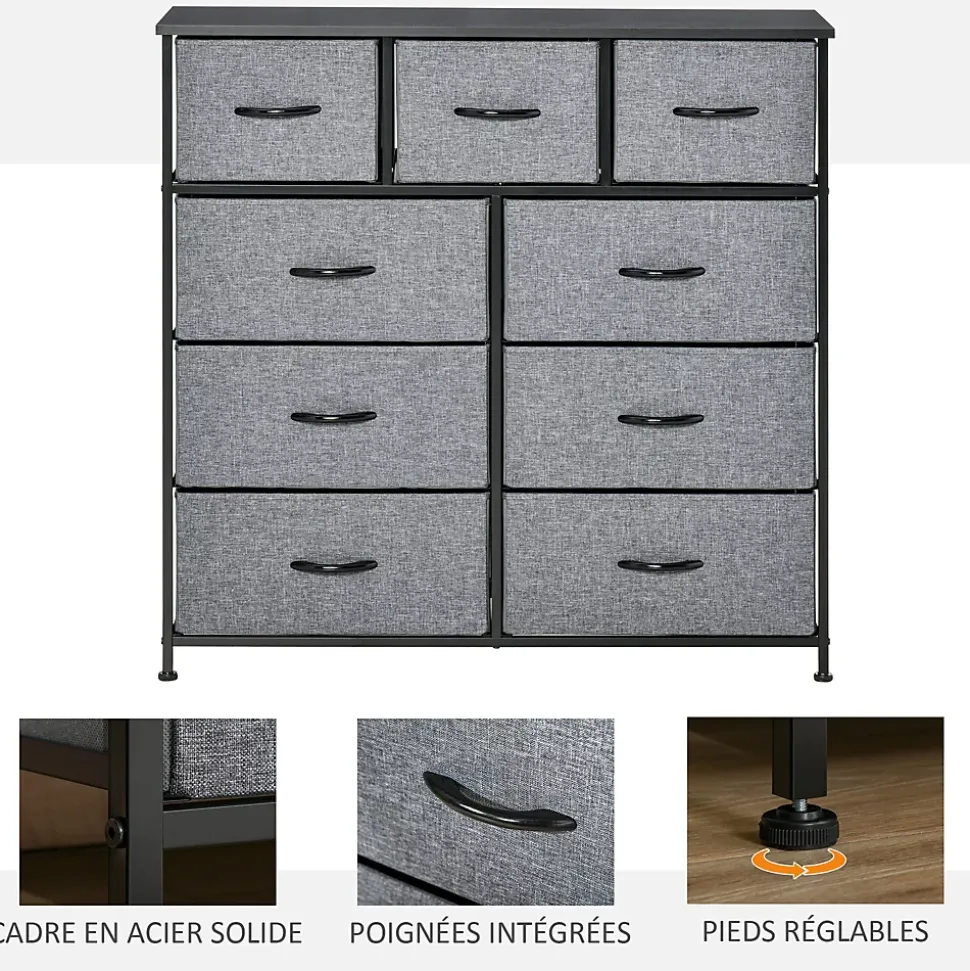 Meuble de rangement commode 9 tiroirs plateau acier MDF non tissé noir gris