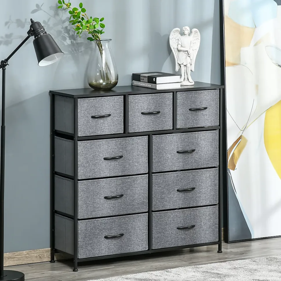Meuble de rangement commode 9 tiroirs plateau acier MDF non tissé noir gris