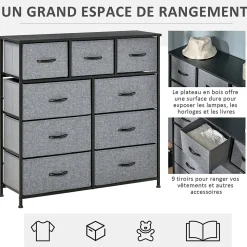 Meuble de rangement commode 9 tiroirs plateau acier MDF non tissé noir gris